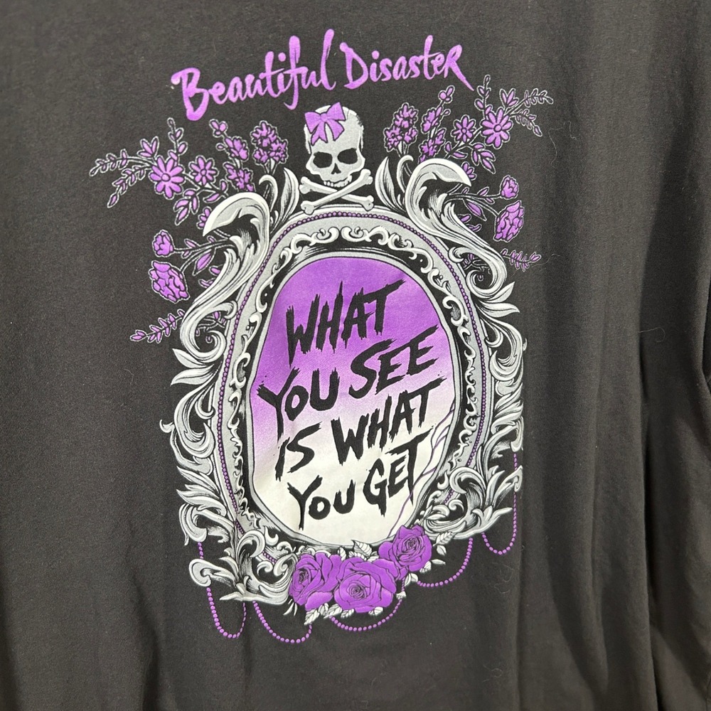 Beautiful Disaster Black Graphic Tee Purple Skull Mirror Gothic Shirt 3X - Picture 2 of 5